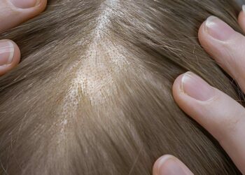 Telogen effluvium - hair loss and bald spot on a woman's head